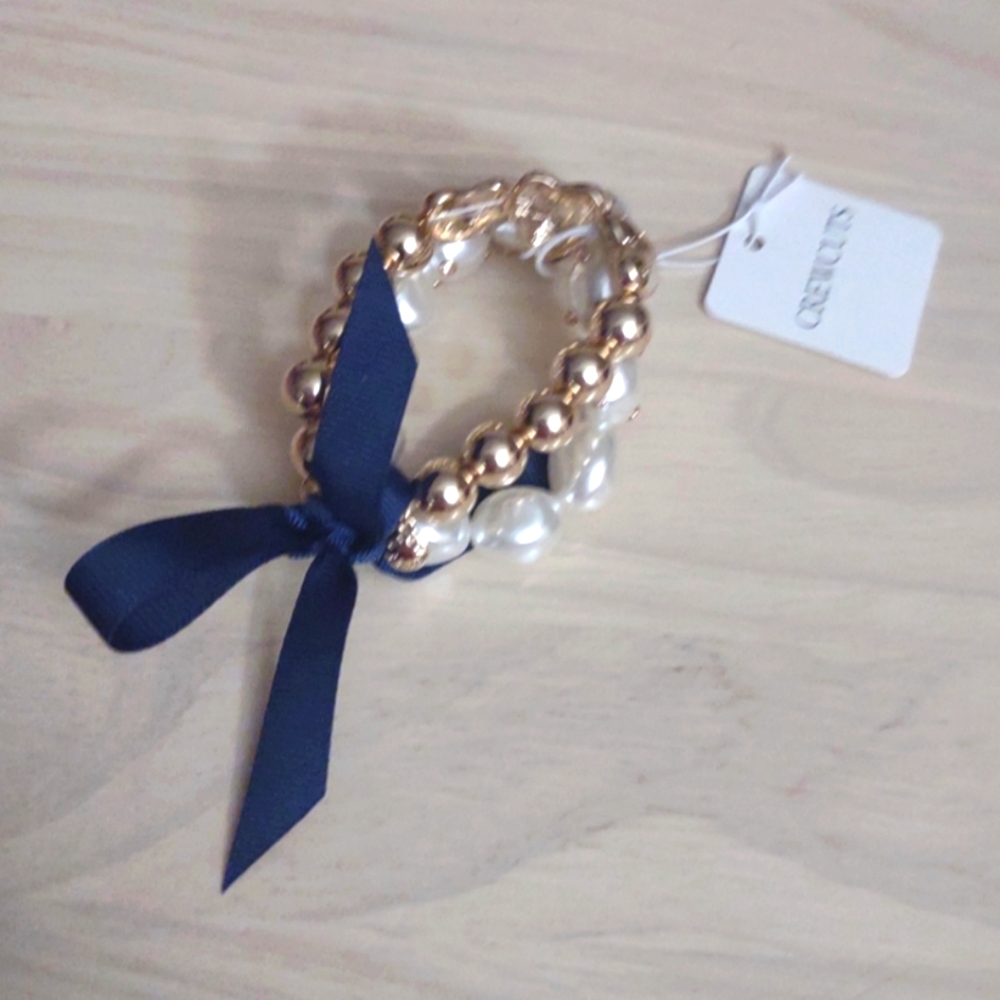 JCrew Crewcuts Gold Studded Pearl Gold Bead Navy Ribbon Bracelet y2k